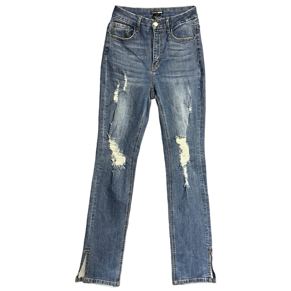 Fashion Nova Distressed Jeans Junior 7 High Rise Straight Leg Side Slit Y2K Blue